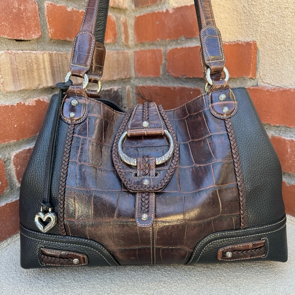 VTG Brighton🤎Large Leather Croc Embossed Brown/Black Shoulder Bag - Picture 3 of 14